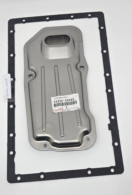Toyota strainer assembly 35330-30080; gray metal housing with black gasket for engine oil circulation