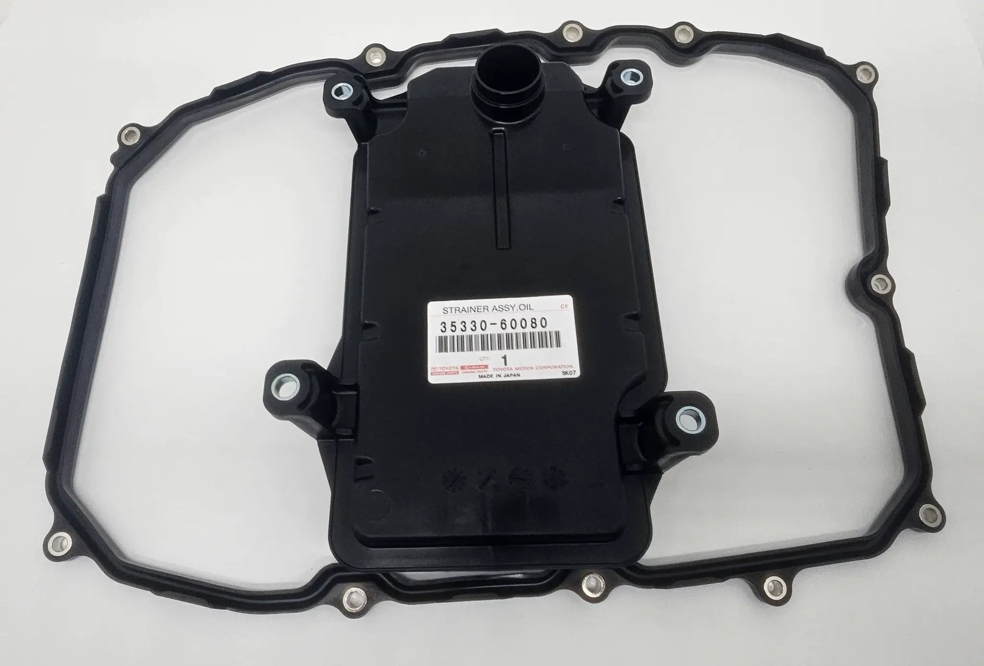 Oil strainer assembly 35330-60080 for Toyota Land Cruiser LX570; black plastic housing with gasket
