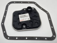 Toyota gear filter assembly with gasket for Yaris/Corolla; black plastic housing, 35330-0W021.