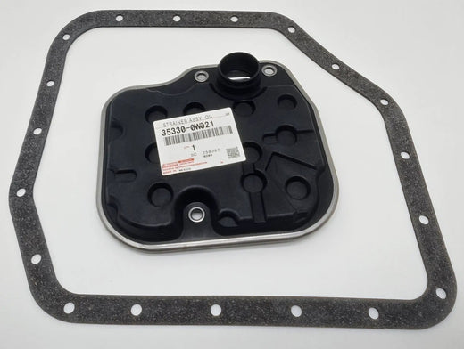 Toyota gear filter assembly with gasket for Yaris/Corolla; black plastic housing, 35330-0W021.