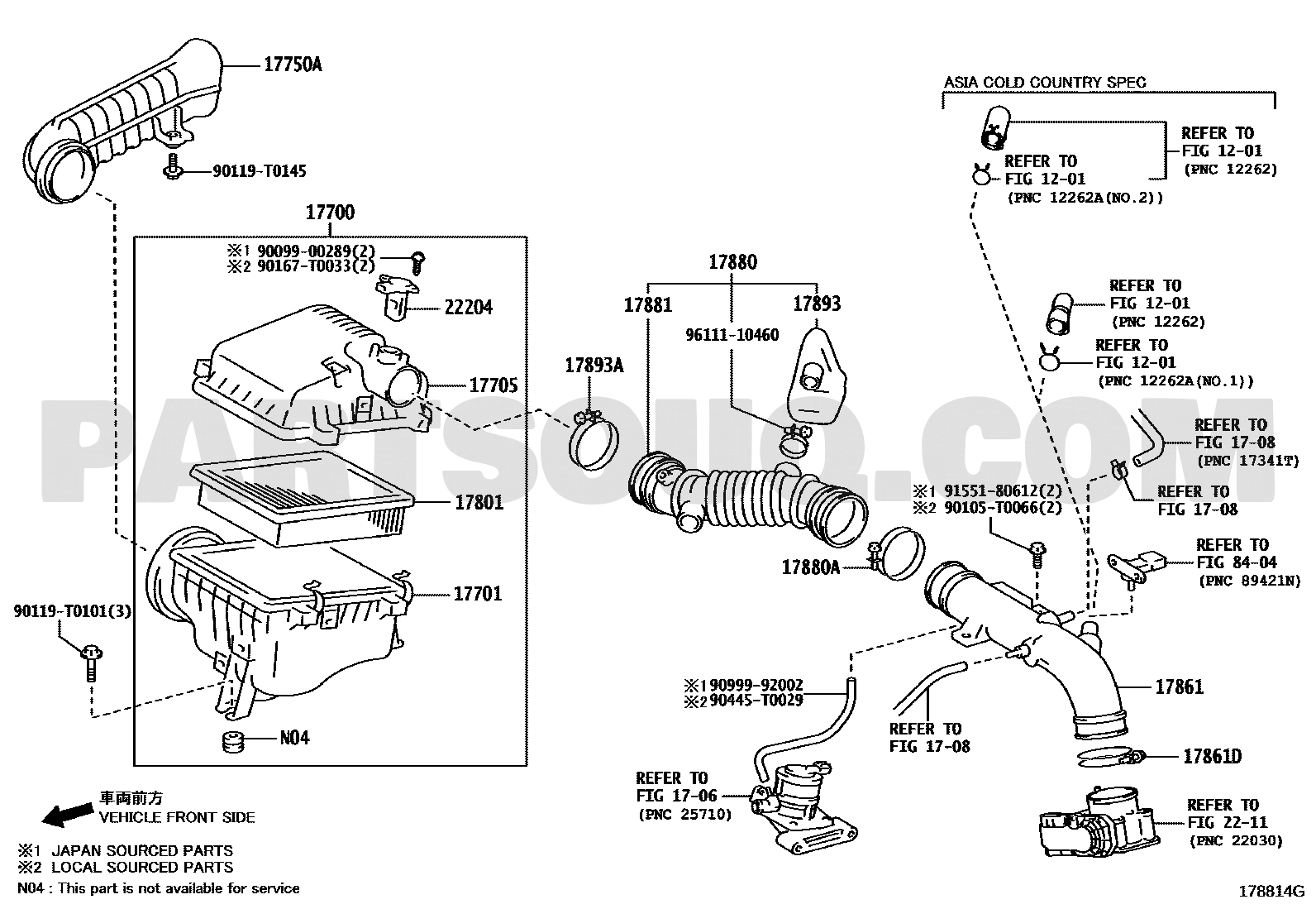 مخطط موضع حساس تدفق الهواء تويوتا 22204-75040 | Toyota EPC mass air flow sensor location
