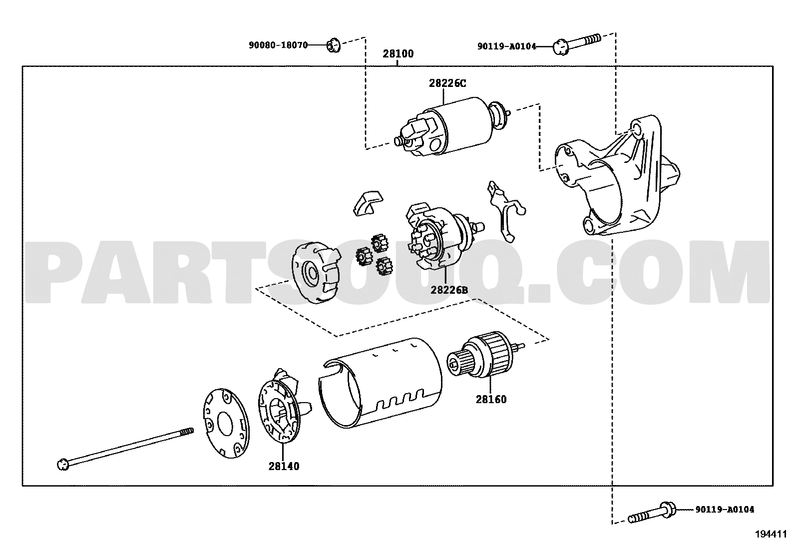 Toyota Corolla starter brush holder location diagram callout 28140