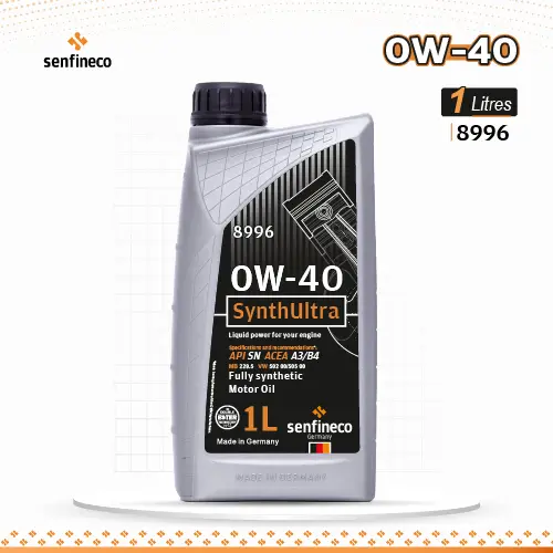 Senfineco 1L 0W-40 SynthUltra SN motor oil bottle, gray plastic with black label, Made in Germany