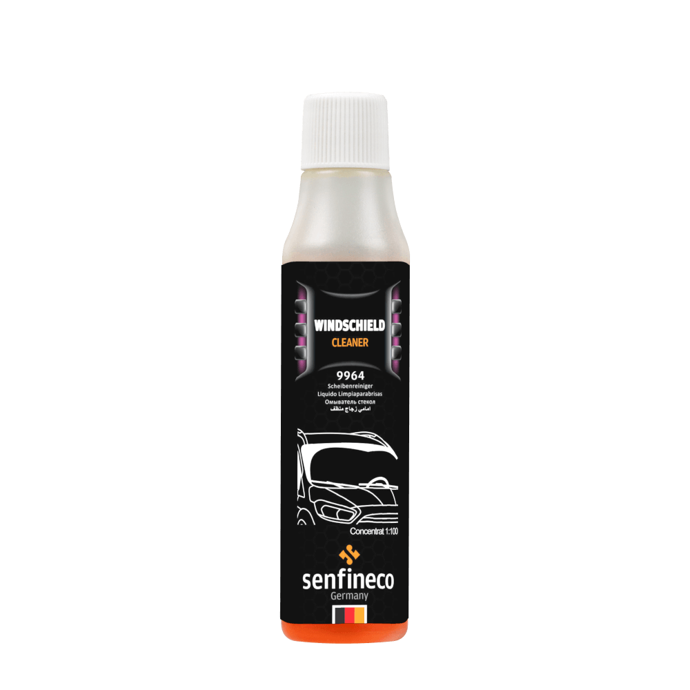 Windshield washer fluid 9964 by Senfineco Germany; black label bottle with white cap and orange base