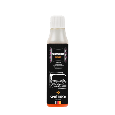 Windshield washer fluid 9964 by Senfineco Germany; black label bottle with white cap and orange base