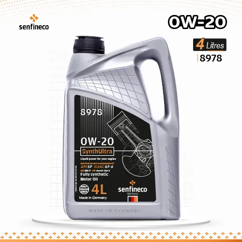 4L 0W-20 SynthUltra SP engine oil bottle, grey plastic container with Senfineco logo, model 8978