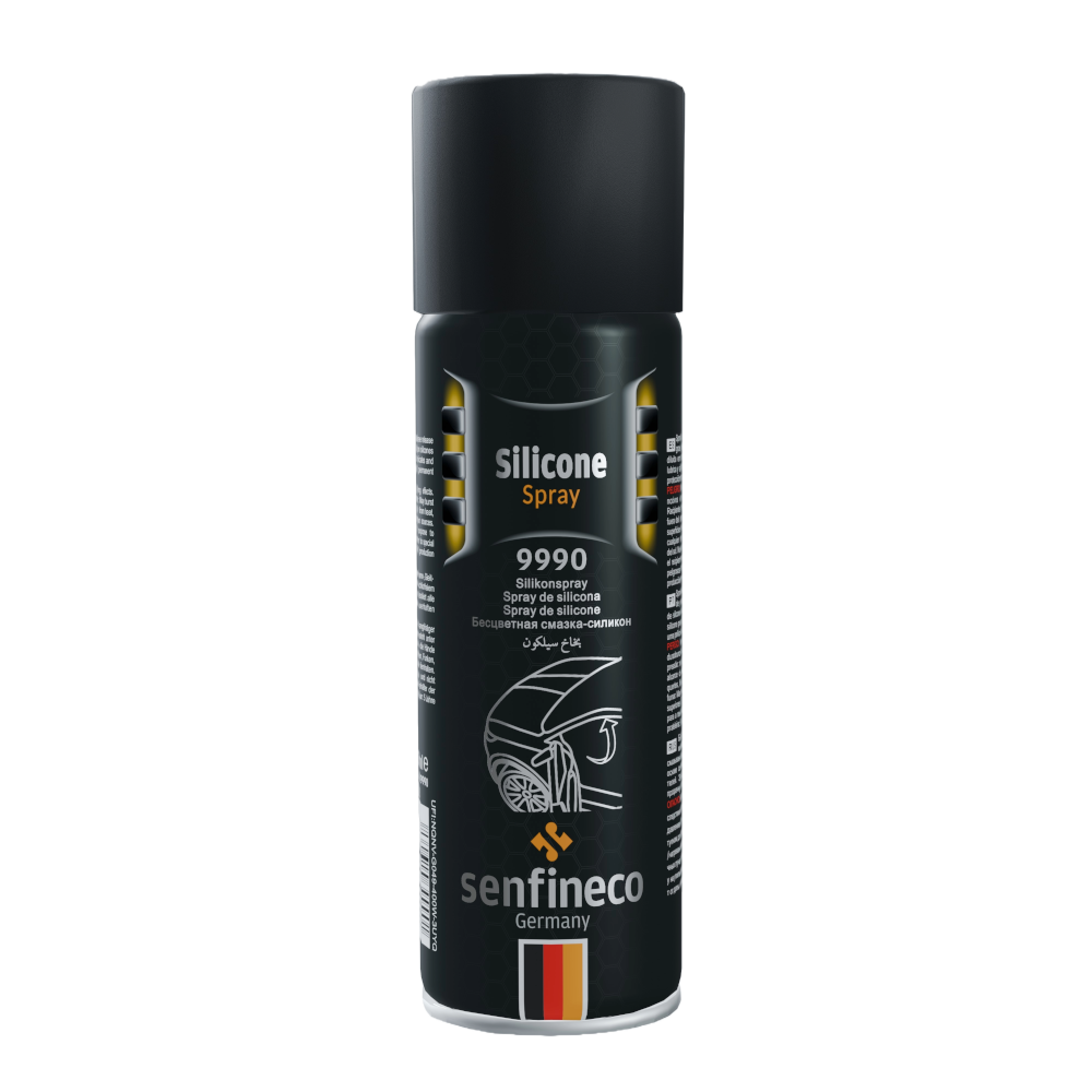 Silicone Spray 9990 can, black aerosol, Senfineco Germany brand.