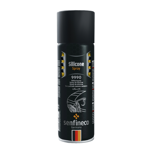 Silicone Spray 9990 can, black aerosol, Senfineco Germany brand.