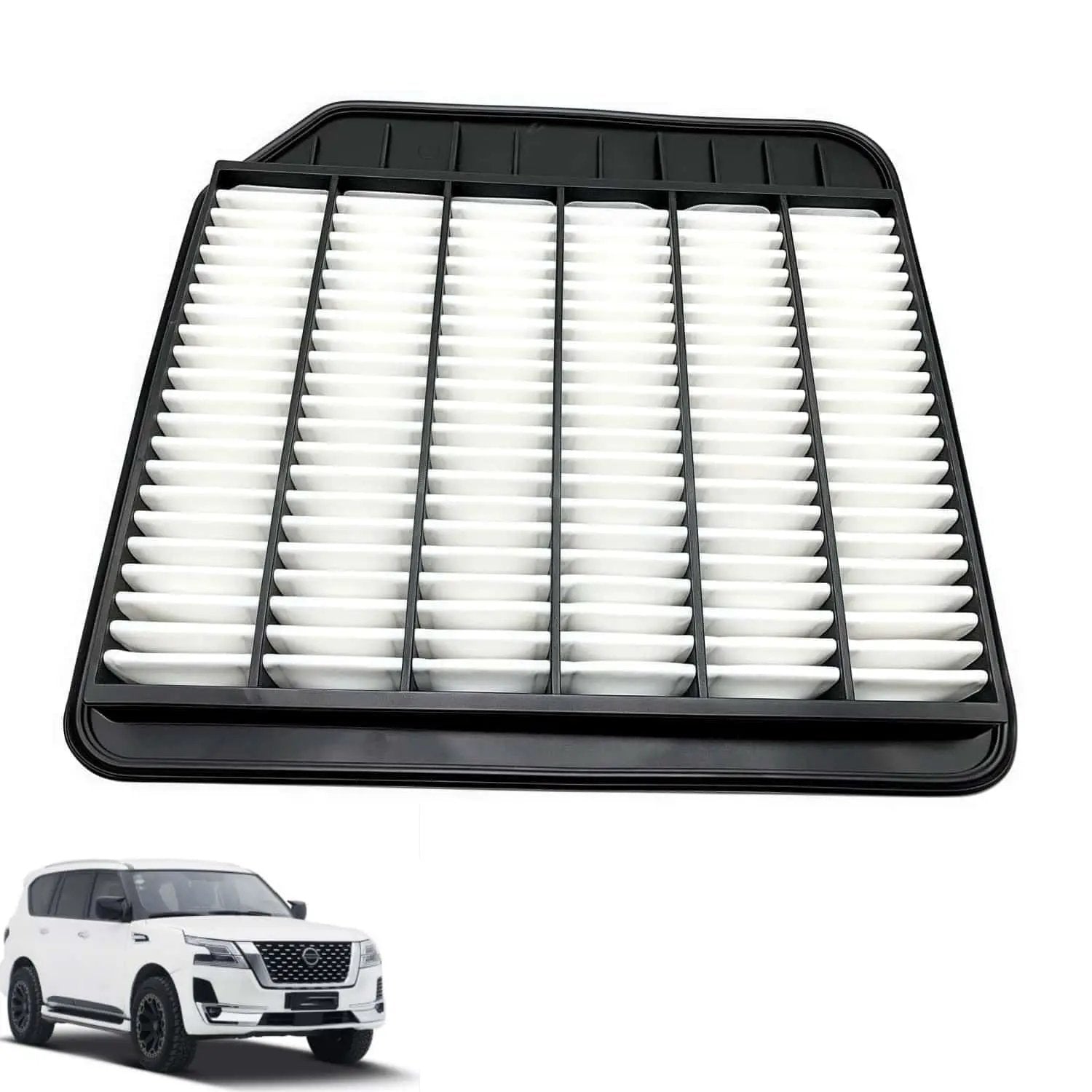 فلتر هواء لنيسان باترول Y62 2010–2020 وإنفينيتي QX56/QX80 SEN 16546-1LK0E؛ إطار أسود وفلتر أبيض مطوي