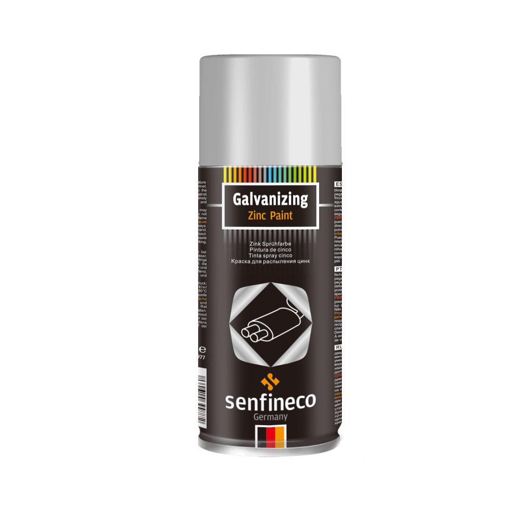 Galvanizing Zinc Paint spray can by Senfineco; black can with silver cap.