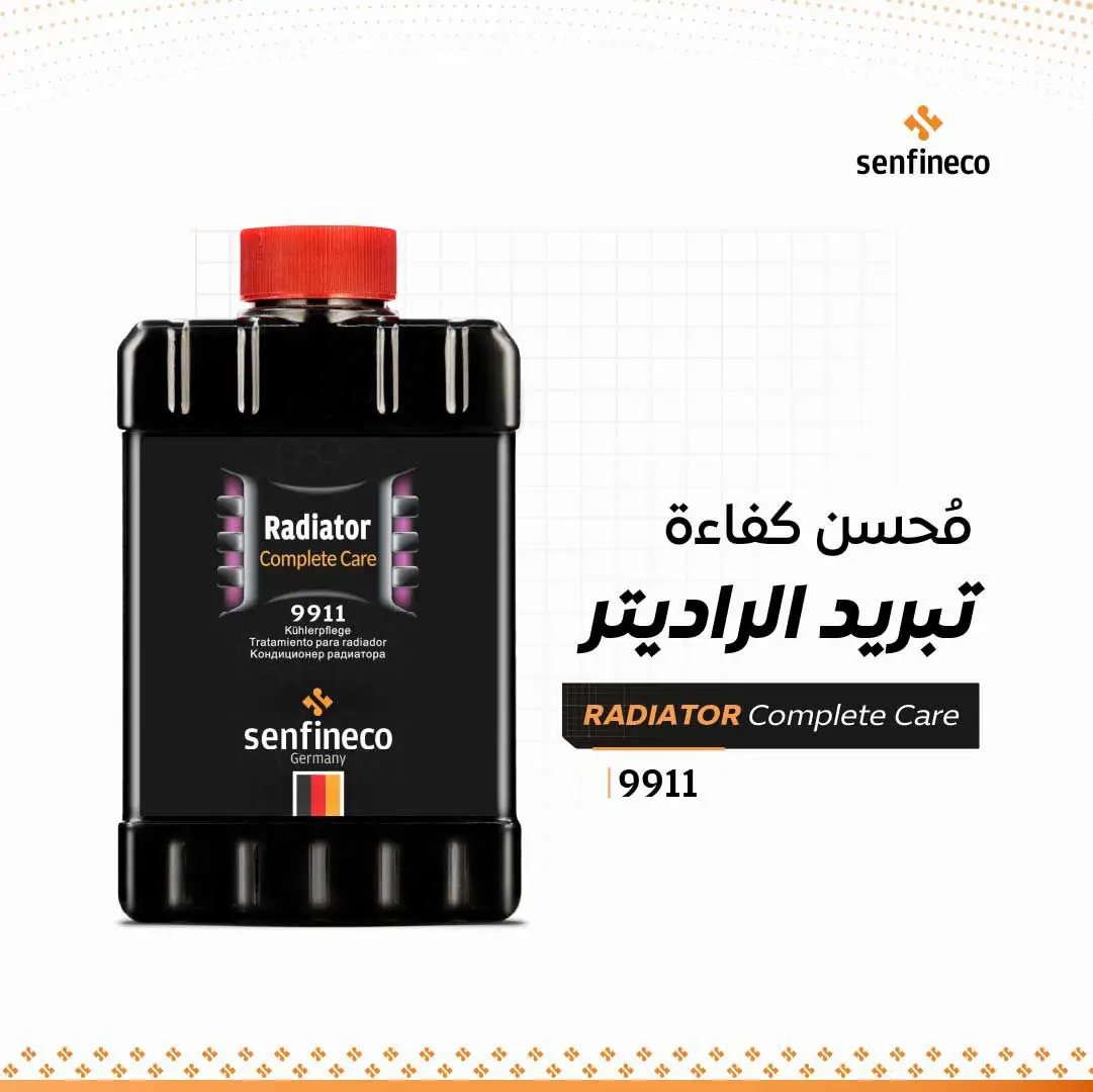 Radiator Complete Care 9911 coolant additive bottle by Senfineco, black container with red cap