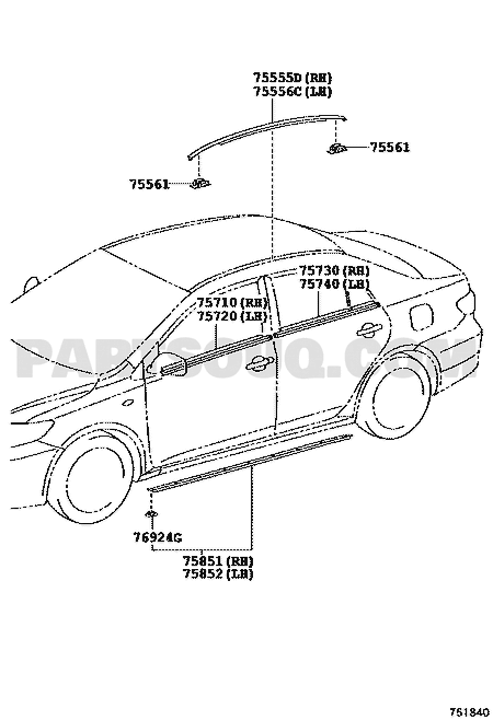مخطط موضع زينة الباب الأمامي الأيسر 75720-12790 | Toyota EPC door belt moulding location