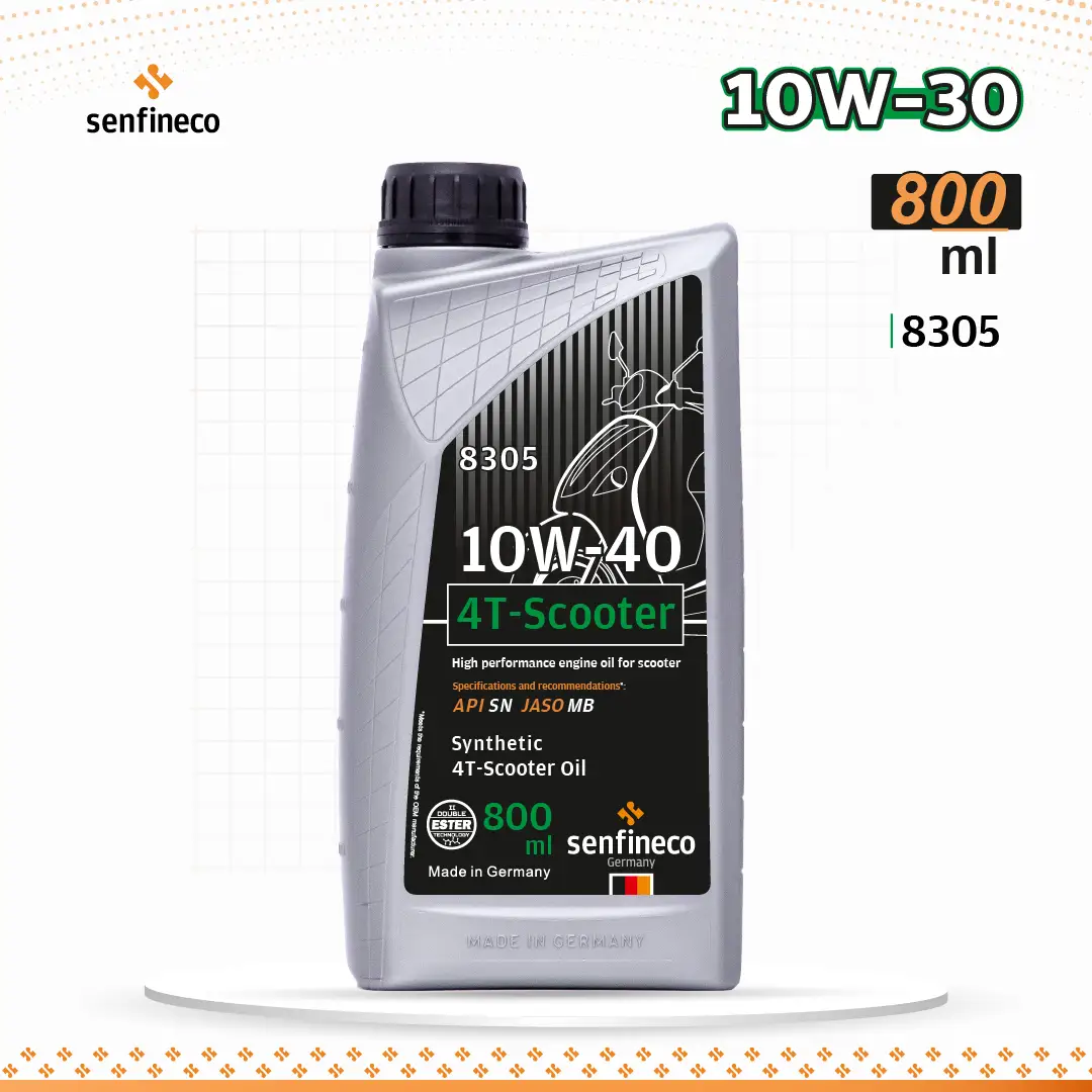 4T-Scooter 10W-40 motor oil bottle, silver-grey container, 800 ml, Senfineco Oman