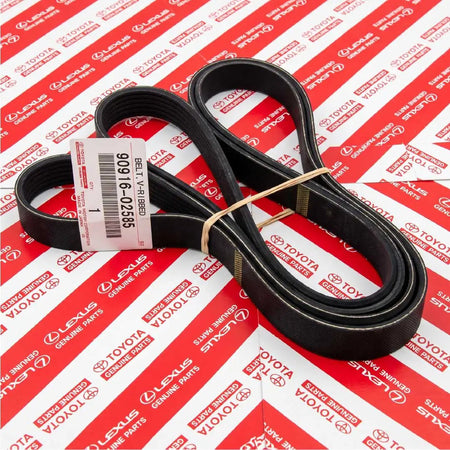 V-ribbed engine belt with barcode label; black belt against Toyota Genuine Parts backdrop.