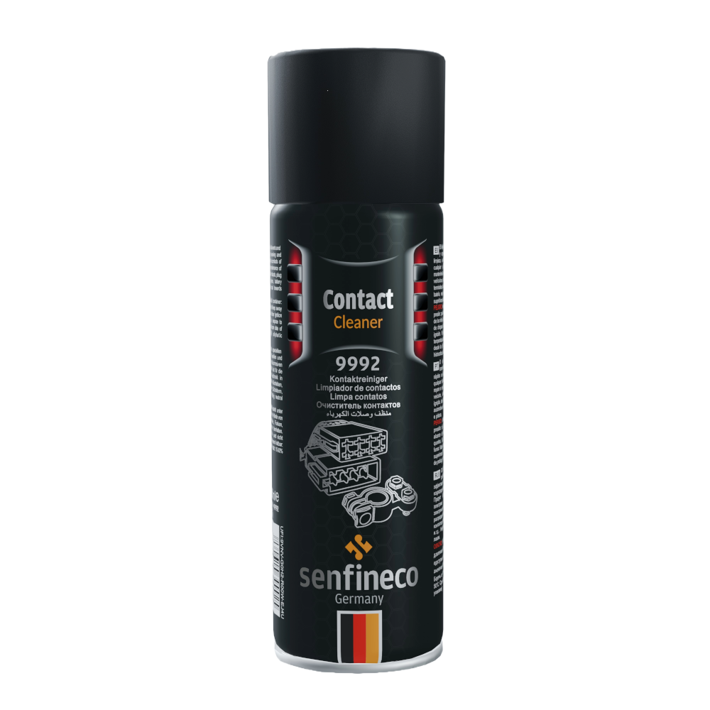 Contact Cleaner 9992 spray can by Senfineco Germany; black label container with hex pattern and German flag.