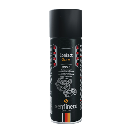 Contact Cleaner 9992 spray can by Senfineco Germany; black label container with hex pattern and German flag.