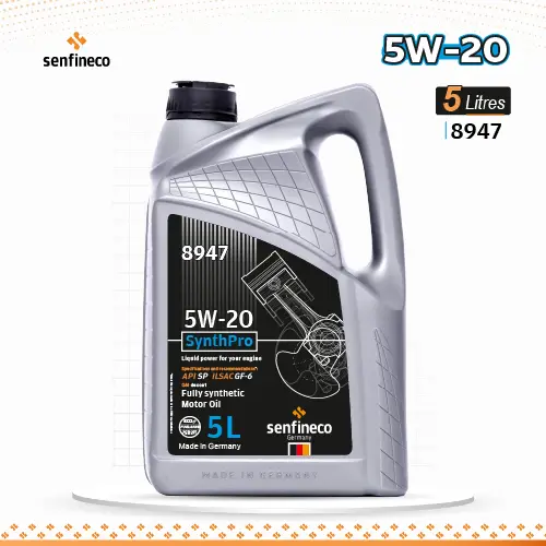 Gray plastic engine oil bottle, 5L, 5W-20 SynthPro SP 8947 by Senfineco