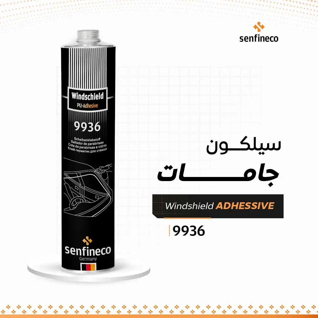 Windshield PU-Adhesive 9936 canister by Senfineco, black cylindrical tube with nozzle