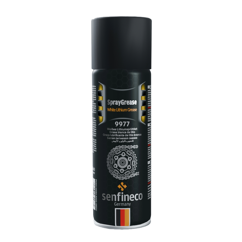 White Lithium Grease Spray 9977 can by Senfineco Germany; black spray can with grey cap.