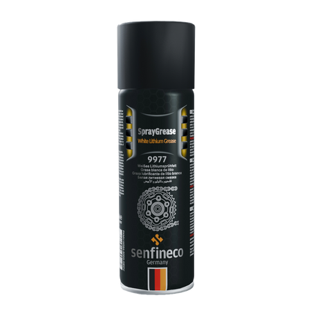 White Lithium Grease Spray 9977 can by Senfineco Germany; black spray can with grey cap.