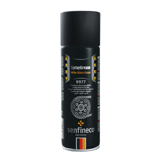 White Lithium Grease Spray 9977 can by Senfineco Germany; black spray can with grey cap.