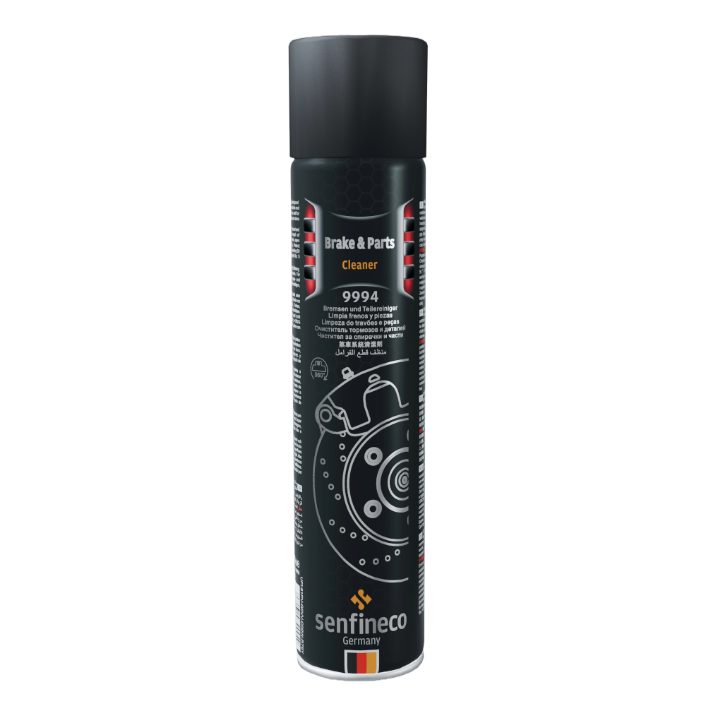 Brake & Parts Cleaner 9994 spray can by senfineco Germany; black matte container