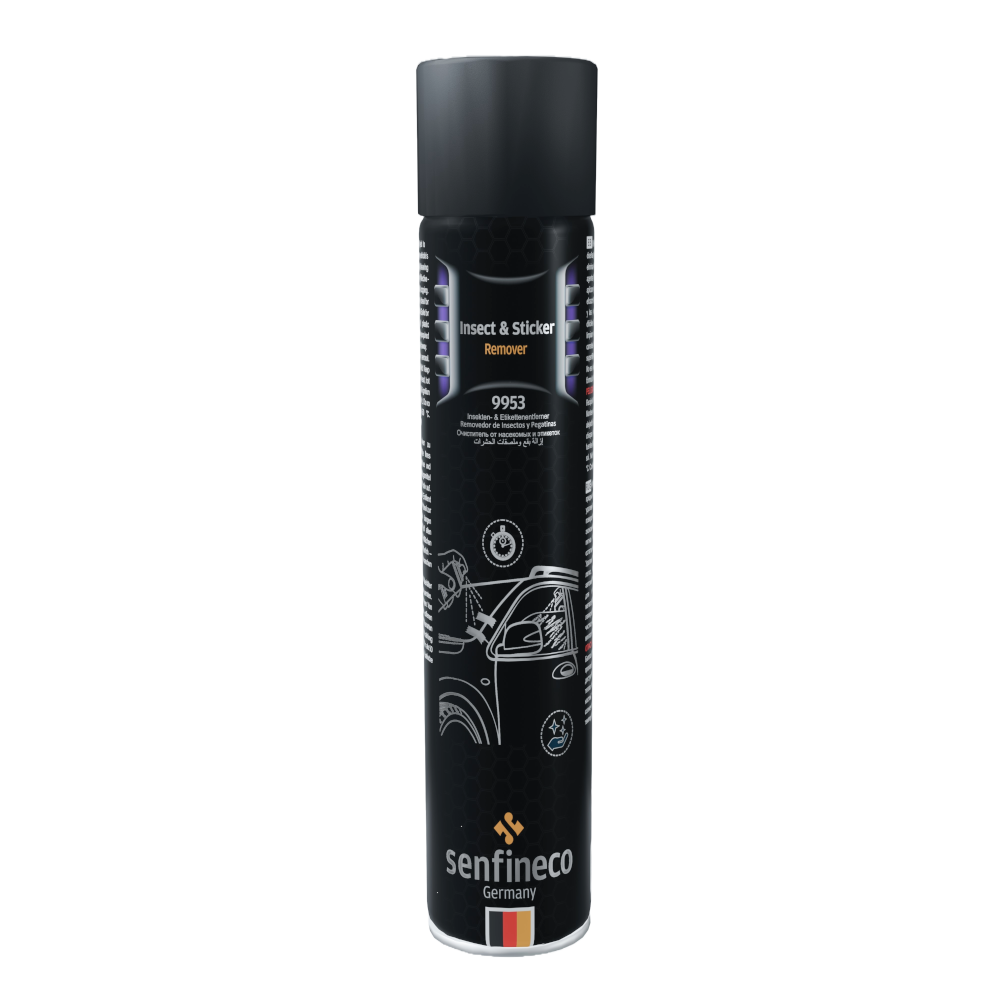 Senfineco Insect & Sticker Remover spray can 9953, black container with gray cap, German brand logo.