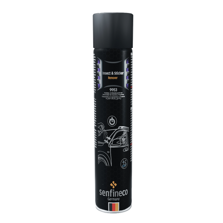 Senfineco Insect & Sticker Remover spray can 9953, black container with gray cap, German brand logo.