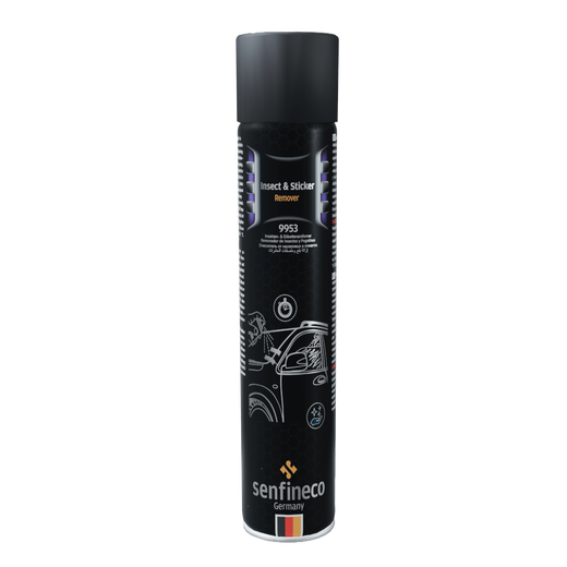 Senfineco Insect & Sticker Remover spray can 9953, black container with gray cap, German brand logo.