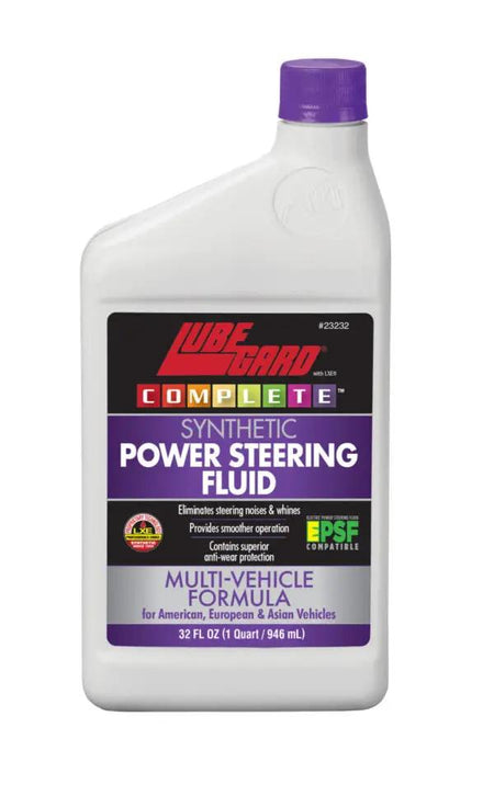 Lubegard Complete Synthetic Power Steering Fluid bottle with purple cap, white container, 32 oz.