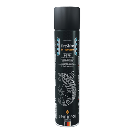 TireShine Tire Foam Cleaner 9979 by Senfineco Germany, black aerosol can with gray cap