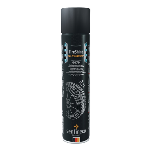 TireShine Tire Foam Cleaner 9979 by Senfineco Germany, black aerosol can with gray cap