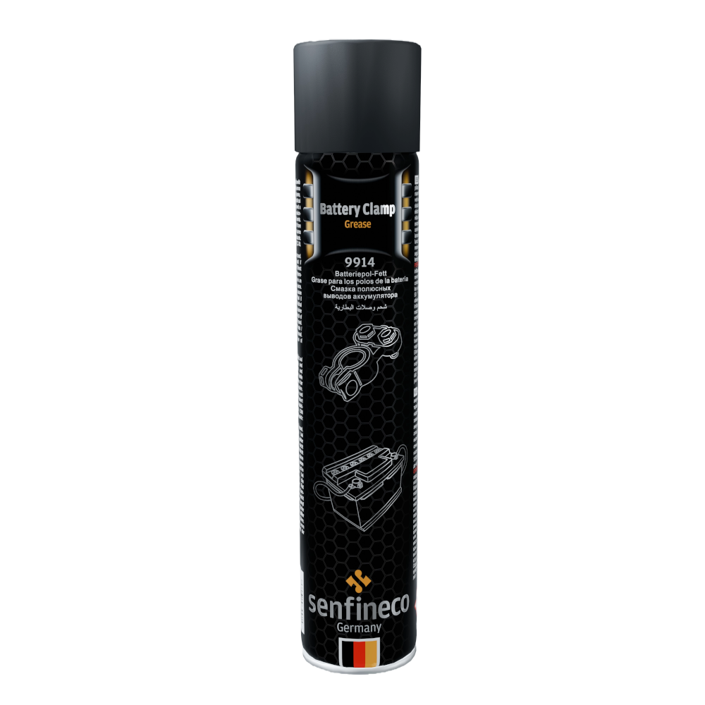 Senfineco Battery Clamp Grease 9914 spray can with black label and hex pattern