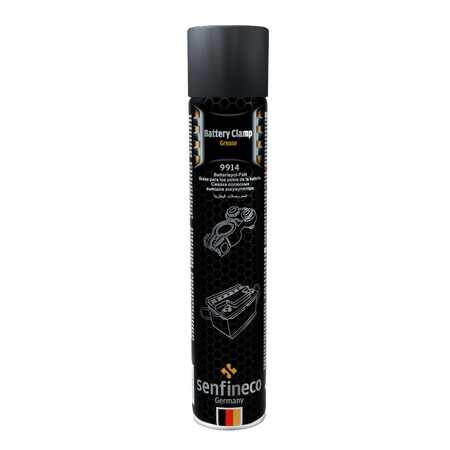 Senfineco Battery Clamp Grease 9914 spray can with black label and hex pattern