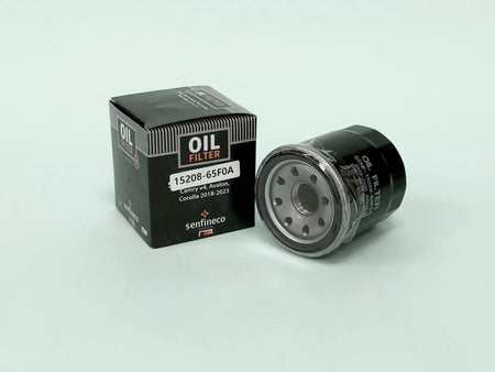 SEN 15208-65F0A oil filter: box and canister, black packaging, Senfineco brand, 2 items