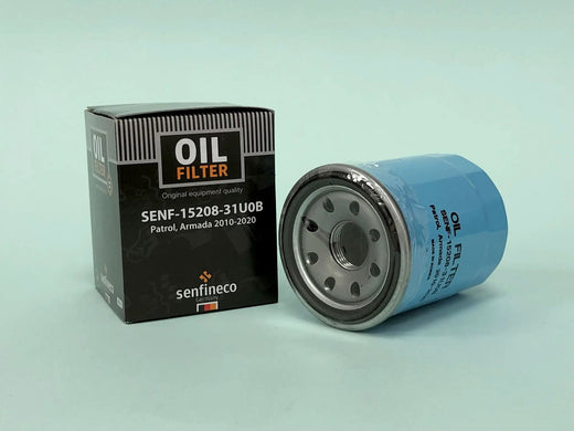 Oil filter pair: black Senfineco box (SENF-15208-31U0B) and blue canister filter.