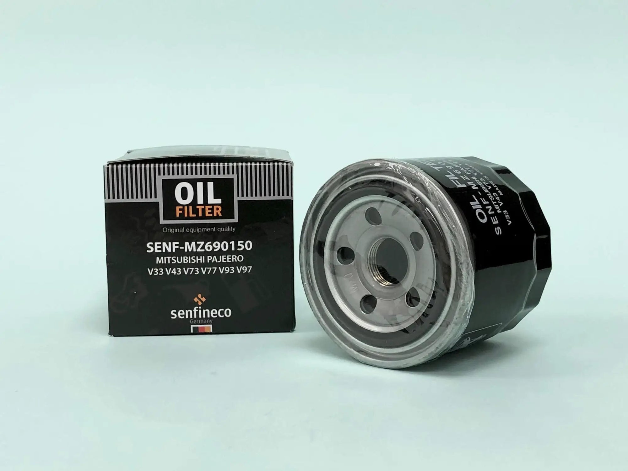 Oil filter SEN MZ690150 for Mitsubishi Pajero V33-V97; black box packaging and metal canister.