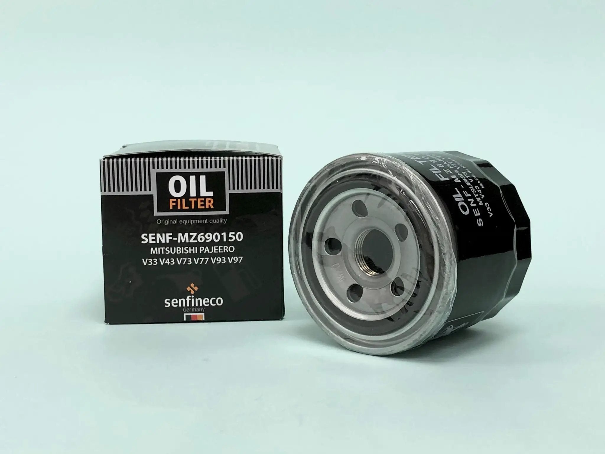 Oil filter SEN MZ690150 for Mitsubishi Pajero V33-V97; black box packaging and metal canister.