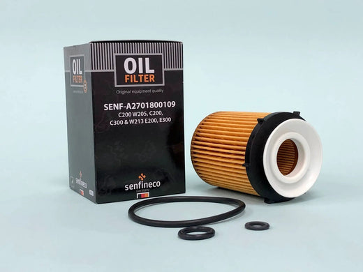 Oil filter SEN A2701800109 box with orange pleated element; Mercedes C200/C300/E200/E300 (W205/W213), by Senfineco