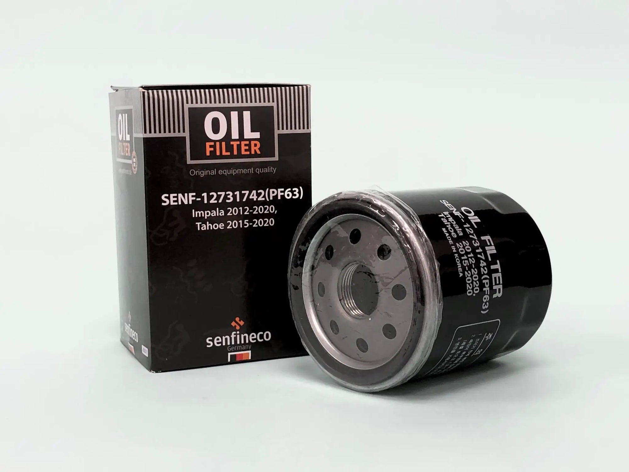 Oil filter SEN PF-63 for Chevrolet Impala, Tahoe/Suburban and GMC Yukon 2012–2020; black box and metal canister