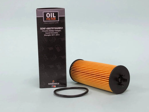 Oil filter SENF-68079744ABS1 with orange pleated element, senfineco box, and two O-rings