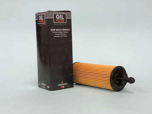 Oil filter SENF-68191349AA box by Senfineco; orange pleated element; lists Chrysler, Dodge, Grand Cherokee, Wrangler.