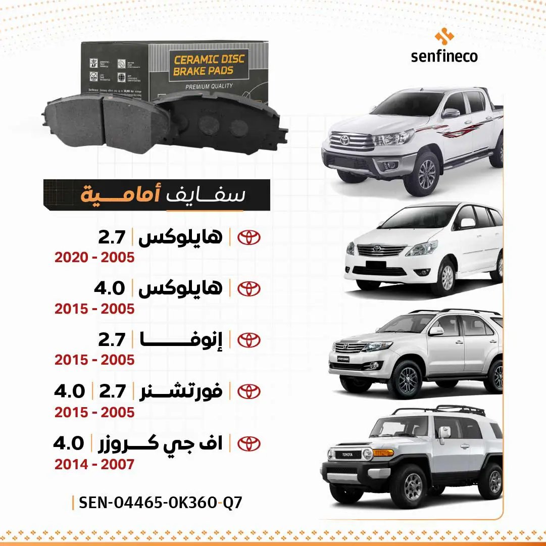 Front ceramic brake pads by Senfineco; packaging shows Toyota Hilux/Fortuner/Innova/FJ Cruiser.