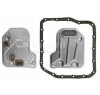 Transmission filter and pan gasket set for Toyota LS430 2001-2006; two-piece metal components.