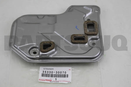 Transmission strainer 35330-30070 for Toyota LS430 (2001-2006); metallic housing with brown gaskets