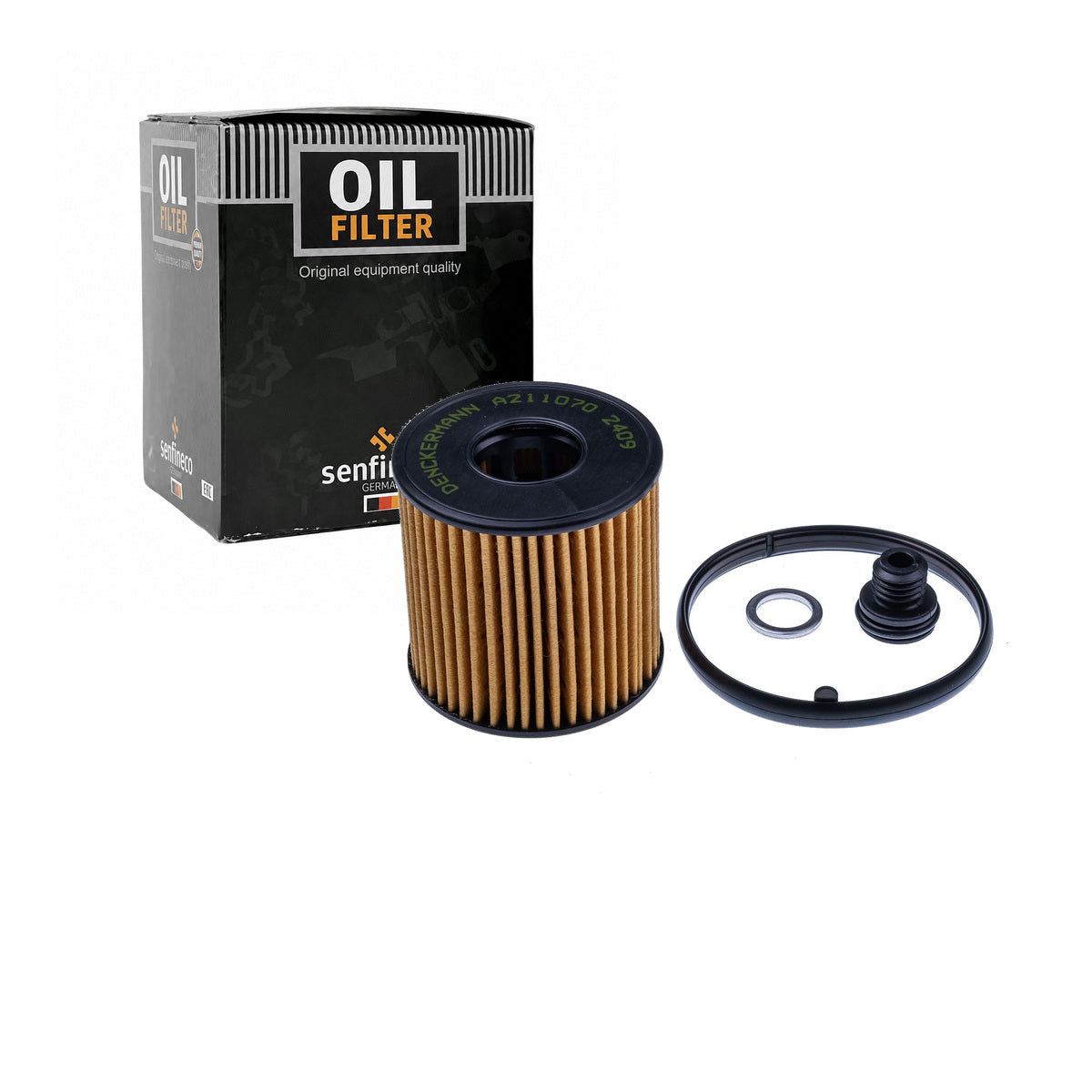 SENFINECO Oil Filter | OEM 26350-2J001 | Hyundai Elantra 2021-2026 Kona 2022-2026 Sonata Hybrid — SENFINECO carton and exact product filter