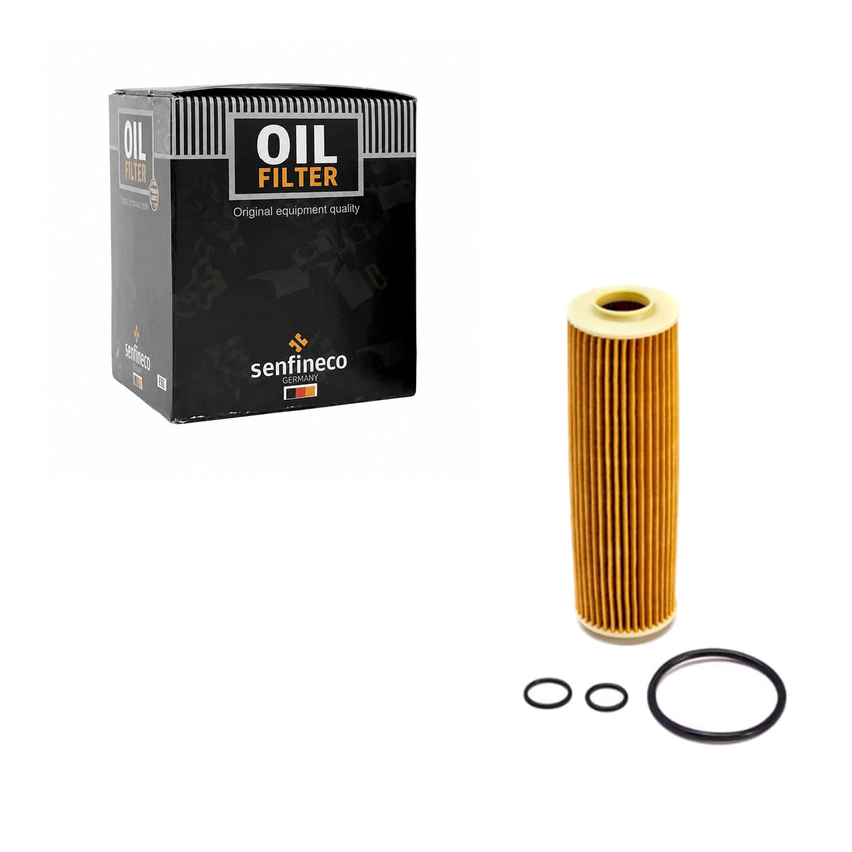 SENFINECO Oil Filter | OEM A2711800509 | Mercedes-Benz C-Class C180 C200 C250 W204 E-Class E200 E250 — SENFINECO carton and exact product filter