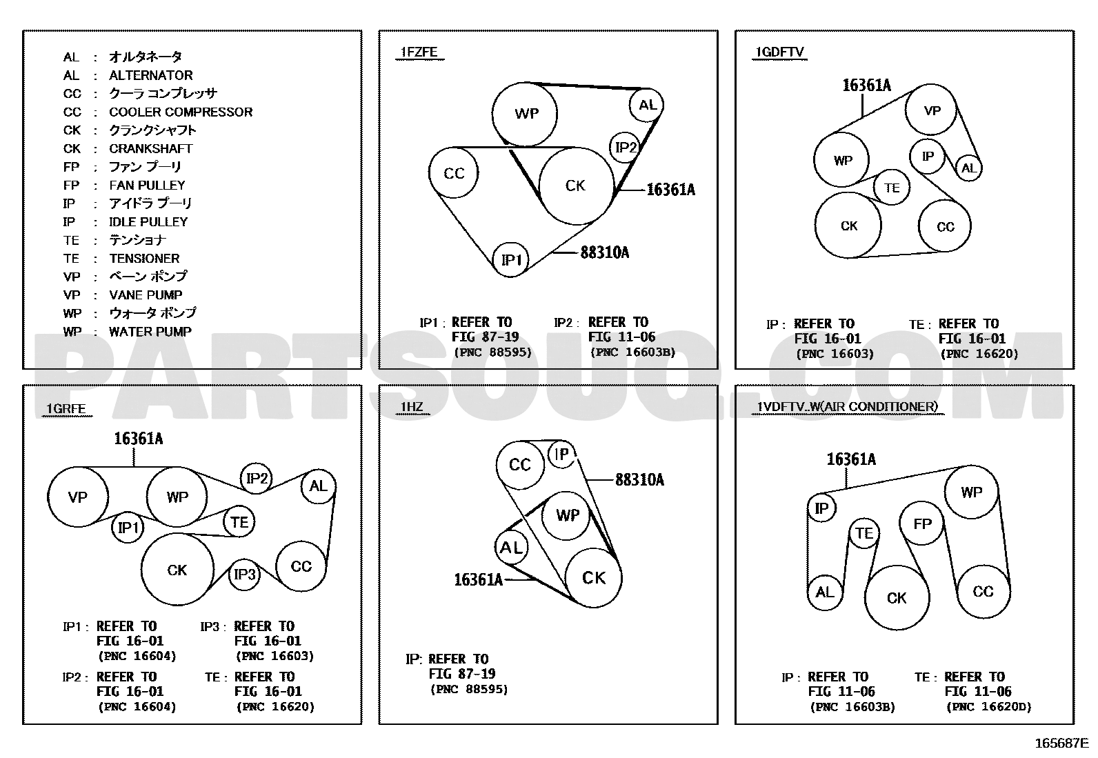 خريطة مسار سير تويوتا 90916-02452، كود 16361A | Toyota EPC belt routing diagram 165687E