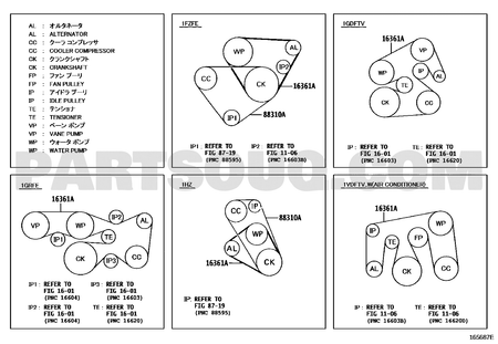 خريطة مسار سير تويوتا 90916-02452، كود 16361A | Toyota EPC belt routing diagram 165687E