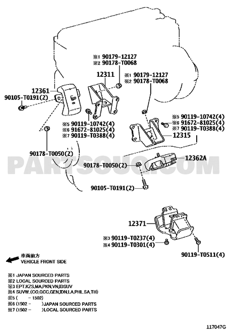 مخطط قاعدة المكينة الخلفية تويوتا 12371-0C121 | Rear engine mount EPC diagram